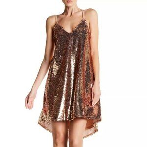New NSR Strappy Rose Gold Sequined High Low Midi Cocktail Dress S
